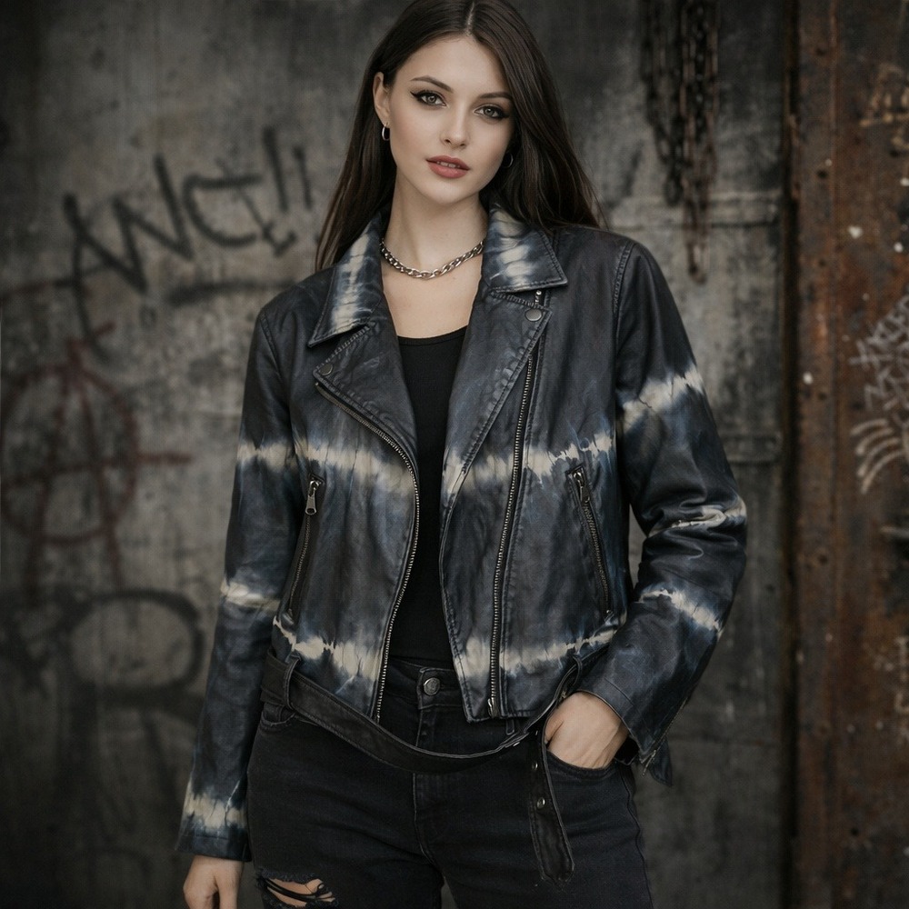 Rock & Republic Black and White Tie-Dye Leather Jacket